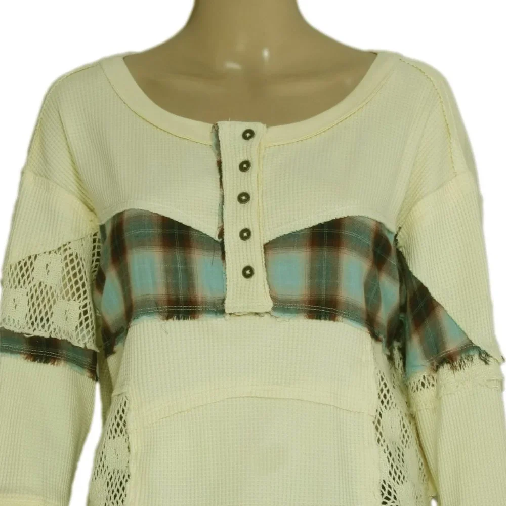 Free People We The Free Nina Tee Plaid Cream Top XS US ITEM